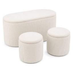 Set 3 tabureti cu spatiu de depozitare, design striat modern, alb