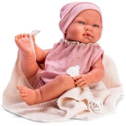 Bebelus maria cu costumas roz si paturica bej 43cm