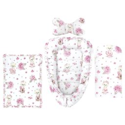 Set 4 in 1 cosulet bebelus, miminu, baby cocoon 75x55 cm, cu volanase, husa bumbac, din bumbac certificat oeko tex standard 100, cu paturica cu volanase 50x70 cm, cu salteluta, cu perna fluture, design, pink ballerina