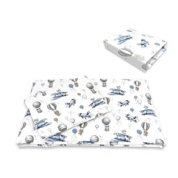 Lenjerie patut cu 3 piese, miminu, cu cearceaf 120x60 cm, pilota, pernuta, din bumbac certificat oeko tex standard 100, blue plane