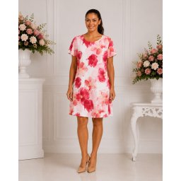Rochie Dreaptă Damă cu Imprimeu Floral Roz – Rochie Lejeră de Vară cu Mânecă Scurtă (Marime: 40, Culoare: ROZ)