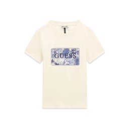 GUESS Tricou 'QUID' crem / opal / albastru închis / alb