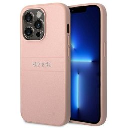 Husa Husa telefon Guess pentru iPhone 14 PRO MAX, cu logo metalic hot stamp dungi, Piele ecologica, Roz