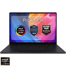 Laptop ASUS ProArt P16 H7606WX, procesor AMD Ryzen™ AI 9 HX 370 pana la 5.10GHz, 16" 4K, OLED, Touch, 120Hz, 64GB LPDDR5X RAM, 2TB SSD, NVIDIA GeForce RTX 5090 24GB, Windows 11 Pro, Negru
