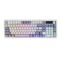 Tastatura mecanica de gaming MechLands Ajazz AK980 V2 cu ecran, baterie de 10000mAh, tastatura wireless 98% cu BT/USB-C/2.4GHz, inlocuire la cald, comutator liniar, buton, RGB pentru Win/Mac, Alb-Violet-Albastru