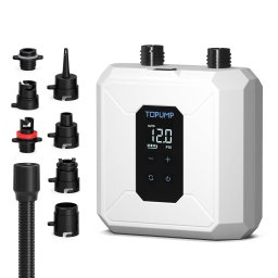 Pompa electrica cu acumulator Topump D28PRO pentru SUP, Caiac, Kite, Saltea, 20PSI, 2600mAh, 2 etape umflare, Umflare-Dezumflare, 7 adaptoare, USB-C, Alb