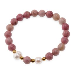 Bratara pe elastic Perle de cultura, bumbi aurii si Rodonit roz sfere 8mm