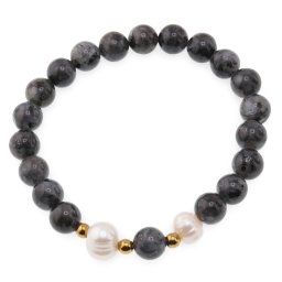 Bratara pe elastic Perle de cultura, bumbi aurii si Merlinit sfere 8mm