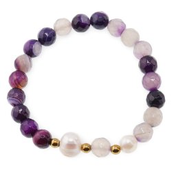 Bratara pe elastic Perle de cultura, bumbi aurii si Agat mov sfere fatetate 8mm