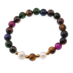 Bratara pe elastic Perle de cultura, bumbi aurii si Ochi de tigru colorat sfere 8mm