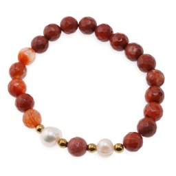 Bratara pe elastic Perle de cultura, bumbi aurii si Agat de foc sfere fatetate 8mm