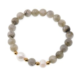 Bratara pe elastic Perle de cultura, bumbi aurii si Labradorit sfere 8mm