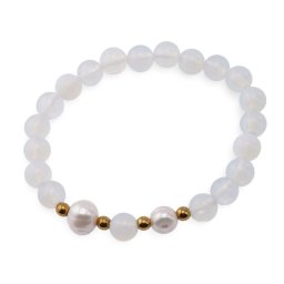 Bratara pe elastic Perle de cultura, bumbi aurii si Opalit sfere 8mm