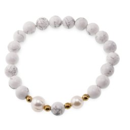 Bratara pe elastic Perle de cultura, bumbi aurii si Howlit sfere 8mm