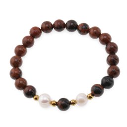 Bratara pe elastic Perle de cultura, bumbi aurii si Obsidian mahon sfere 8mm