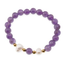Bratara pe elastic Perle de cultura, bumbi aurii si Ametist sfere 8mm
