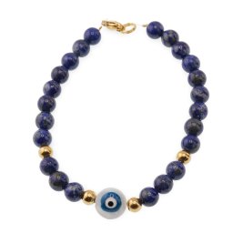 Bratara Lapis lazuli sfere 6mm cu Ochi protector si bumbi inox auriu