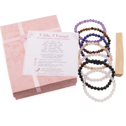 Set 7 Bratari, 7 Zile, 7 Energii – Pietre Semipretioase, Palo Santo si Cutie Cadou