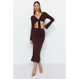 Trendyol Dark Brown Tie Detailed Super Crop and Midi Knitted Blouse and Skirt Top-Bottom Set