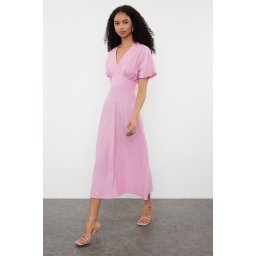 Trendyol Fuchsia A-Line Bodice Detailed V-Neck Maxi Woven Dress