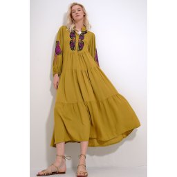 Trend Alaçatı Stili Women's Oil Green Large Collar Robe And Sleeves Embroidered Woven Dress