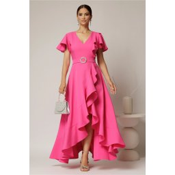 Rochie lunga de ocazie din stofa fucsia cu volane si cordon in talie