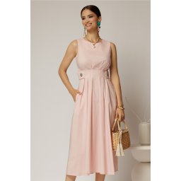 Rochie DY Fashion midi roz din bumbac cu nasturi si cusaturi pe talie