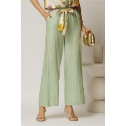Pantaloni verde fistic din viscoza cu croi lejer si cordon cu print