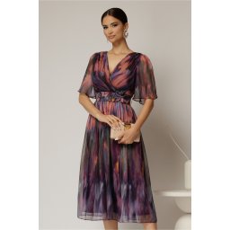Rochie midi de ocazie din voal cu imprimeuri mov