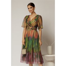Rochie midi de ocazie din voal cu imprimeuri oranj