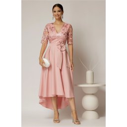 Rochie DY Fashion asimetrica roz cu dantela cu paiete la bust si funda ampla