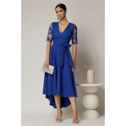 Rochie DY Fashion asimetrica albastra cu dantela cu paiete la bust si funda ampla