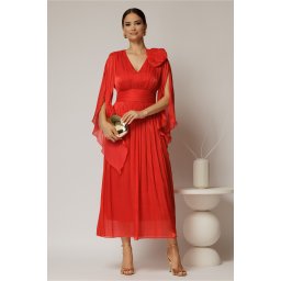 Rochie lunga rosie de seara din voal peliculizat