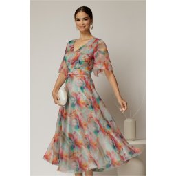 Rochie DY Fashion midi din organza cu imprimeuri verde mint