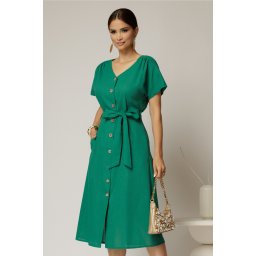Rochie midi verde de zi din in tip camasa cu manecile scurte