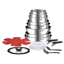 Set 20 piese Tefal Ingenio Emotion L897SJ04, oala 16 / 18 / 20 cm, cratita 24 cm, tigaie 22 / 26 / 28 cm, wok 26 cm, 2 manere detașabile, 2 spatule, 3 capace ermetice 16 / 18 / 20 cm, capac sticla 24