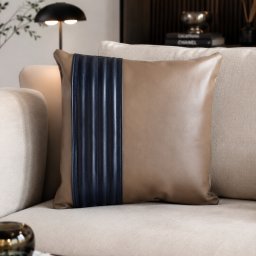 Perna decor Aminea, cu husa Piele naturala si Perna cu Lana Merinos 100% , 40x40 cm, cu fermoar, Cappuccino-Navy - Copie