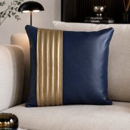 Perna decor Aminea, cu husa Piele naturala si Perna cu Lana Merinos 100% , 40x40 cm, cu fermoar, Cappuccino-Navy - Copie