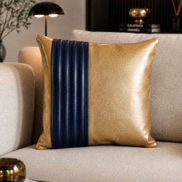 Perna decor Aminea, cu husa Piele naturala si Perna cu Lana Merinos 100% , 40x40 cm, cu fermoar, Cappuccino-Navy - Copie