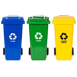 Set coș de gunoi 3x120L albastru, verde, galben cu roți de cauciuc