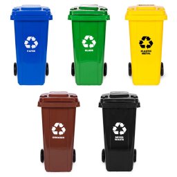 Set coș de gunoi 5x120L cu roți din cauciuc albastru, verde, galben, negru, maro