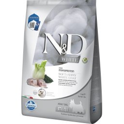 FARMINA N&D White Dog Adult Mini 5 kg biban de mare, spirulină și fenicul, hrană câini adulți talie mică