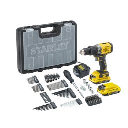 Masina de gaurit si insurubat cu percutie cu acumulator 18V Stanley SFMCD715D2A-QW, motor fara perii, 60nM, 2 x acumulator 2.0 Ah, incarcator, valiza transport si 100 de accesorii
