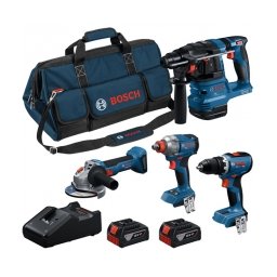 Bosch - GSR 18V-65 + GDX 18V-285 + GBH 18V-22 + GWS 18V-8 - Masina de gaurit si insurubat, 65 Nm + Masina de insurubat cu impact, 285 Nm, M8-M18 + Rotopercutor SDS-Plus, 1.9 J + Polizor unghiular, 125 mm + Set 2 acumulatori si incarcator, Li-Ion, 18 V, 5