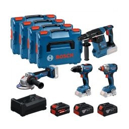 Bosch - GSR 18V-65 + GDX 18V-285 + GBH 18V-26 + GWS 18V-11 - Masina de gaurit si insurubat, 65 Nm + Masina de insurubat cu impact, patrat 1/2 inch si hexagon interior 1/4 inch, 285 Nm, M8-M18 + Rotopercutor SDS-Plus, 2.6 J + Polizor unghiular, 125 mm + Se