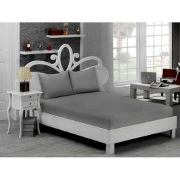 Set 3 Piese Yuny Mally Home, 100% Bumbac, Cearceaf Pat Dublu Cu Elastic 160X200 Cm Si Doua Fete De Perna 50X70Cm, Gri