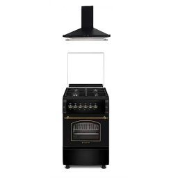 Aragaz Pachet rustic aragaz si hota decorativa Verona Vintage Black Studio Casa , 50/ 55 cm., 4 arzatoare gaz, Cuptor gaz, Aprindere electrica, Gril electric, 1 motor turbo, Negru