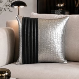 Perna decor Aminea, cu husa Piele naturala si Perna cu Lana Merinos 100% , 40x40 cm, cu fermoar, Argintiu-Negru