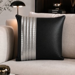 Perna decor Aminea, cu husa Piele naturala si Perna cu Lana Merinos 100% , 40x40 cm, cu fermoar, Negru-Argintiu
