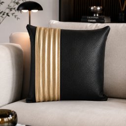 Perna decor Aminea, cu husa Piele naturala si Perna cu Lana Merinos 100% , 40x40 cm, cu fermoar, Negru-Auriu